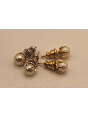 Vintage Faux Pearl Stud Earrings Gold Tone Prong Setting 2 Pairs Estate Jewelry